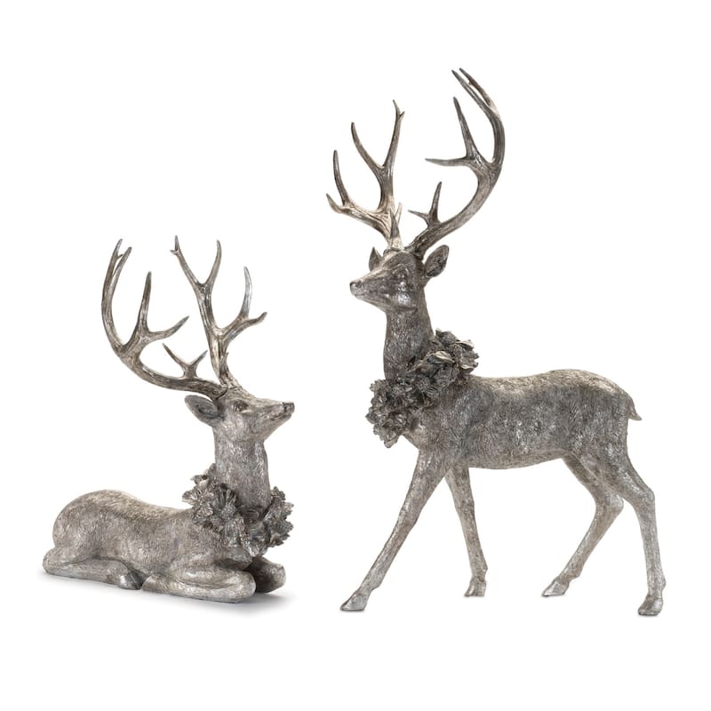 Festive Deer Figurines Set of 2 with Holly Wreaths for Christmas Display - Silver-Black