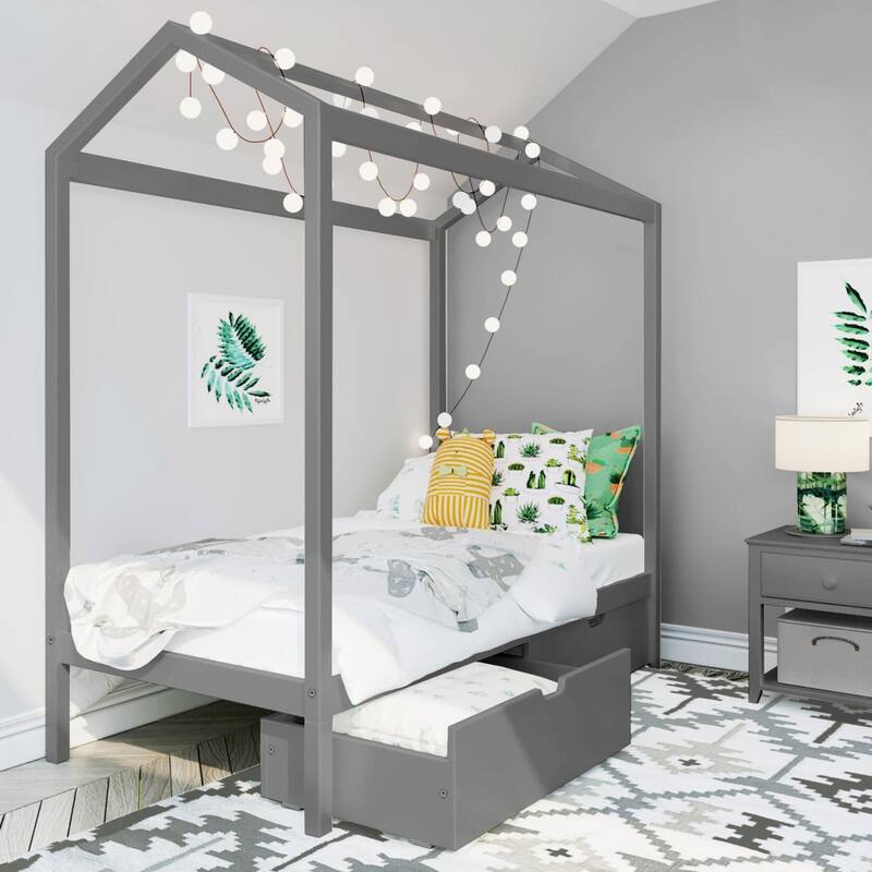 Max and Lily Twin House Bed with Storage Drawers - Grey