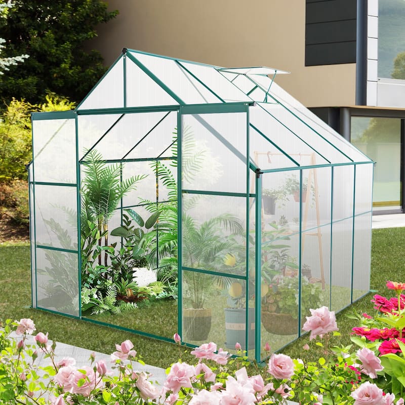 8x8 FT Double Door Greenhouse Raised Base and Anchor Aluminum Heavy Duty Walk-in Greenhouses for Outdoor Backyard in All Season - 7' 8" x 6' 7"