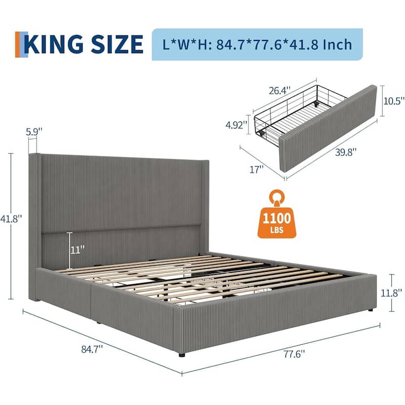 Bed Frame, with 4 Storage Drawer and Headboard