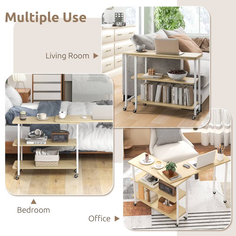 MDF Metal 360 Rotating Sofa Side Table with Shelves and Lockable Casters - 35.5" x 12" x 27"