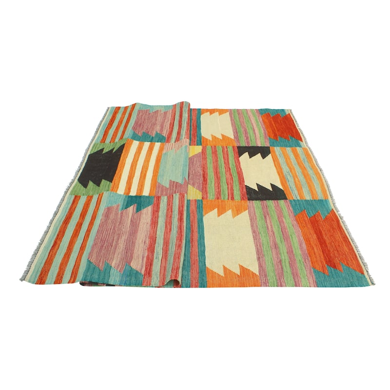 Modern Flatweave Orsen Green/Rust Rug - 5'5" x 8'2"