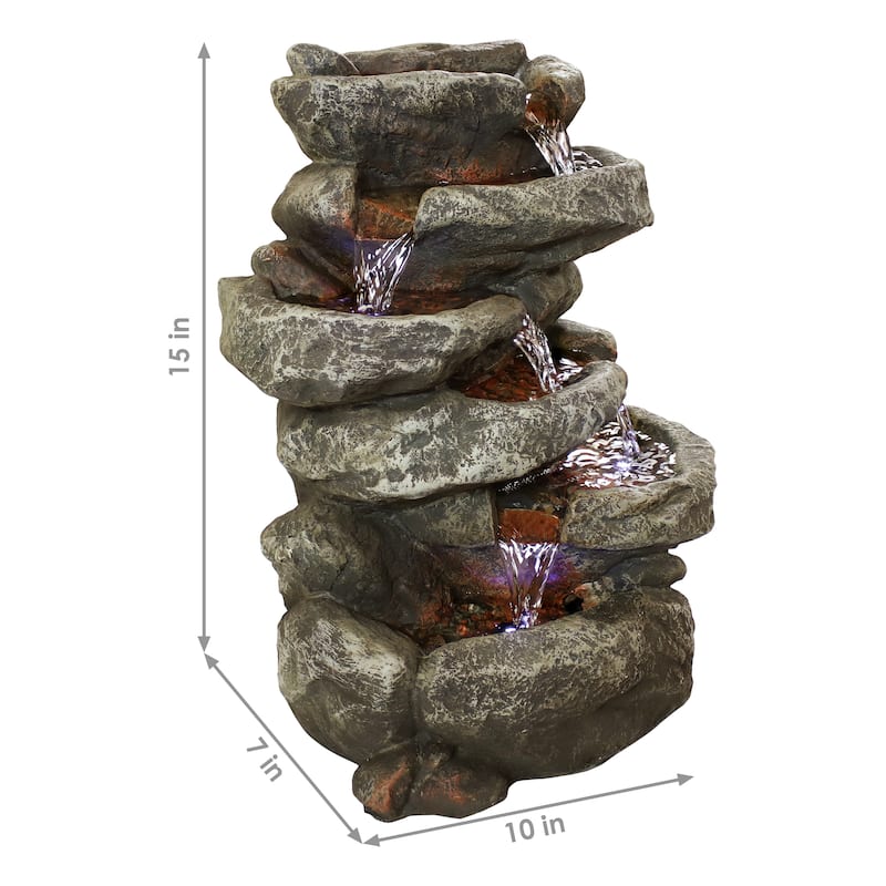 6 Tier Stone Falls Tabletop Indoor Water Fountain Feature w/ LED - 15"