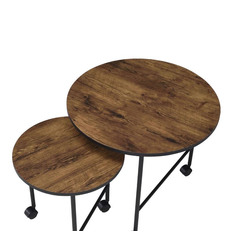 2 Piece Nesting Table Set with Caster-Wheels, Vintage Oak