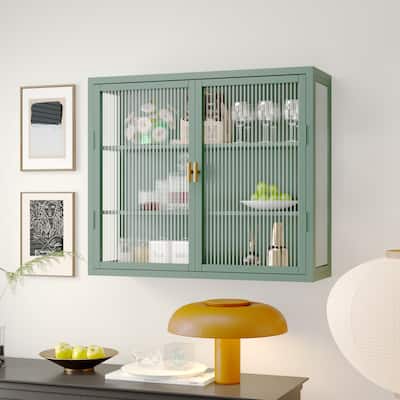 Retro Double Glass Door Wall Cabinet With Detachable Shelves
