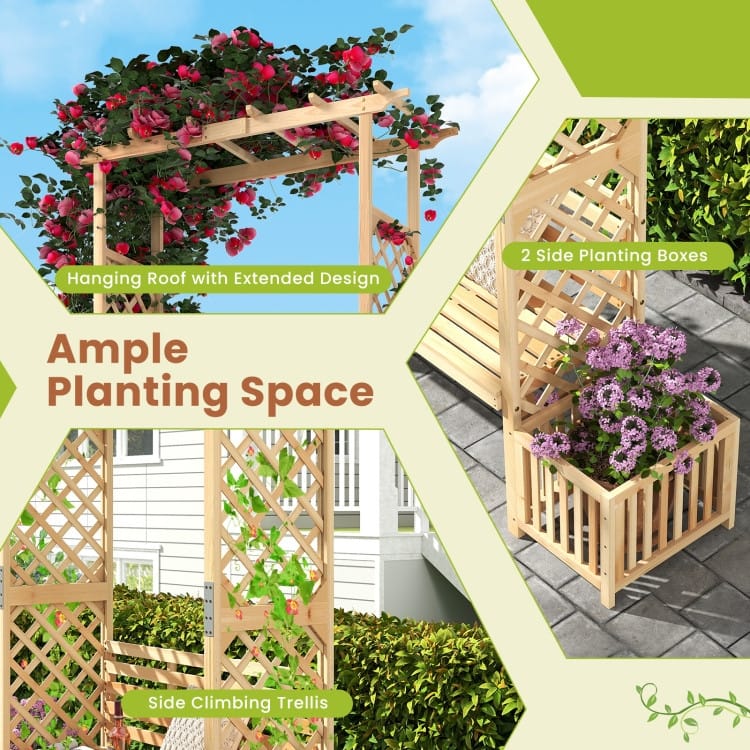 Natural Fir Wood Garden Arbor Bench with Trellis Planter Boxes - 73" x 22" x 80"