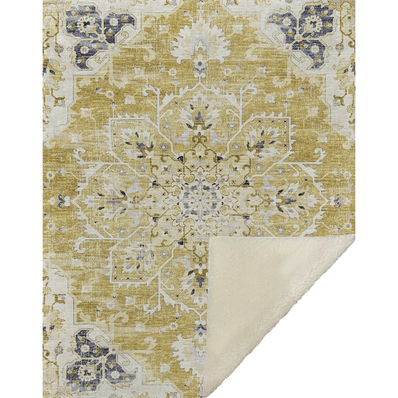 Premium Machine Washable ASB93 Traditional Medallion Sherpa Throw Blanket