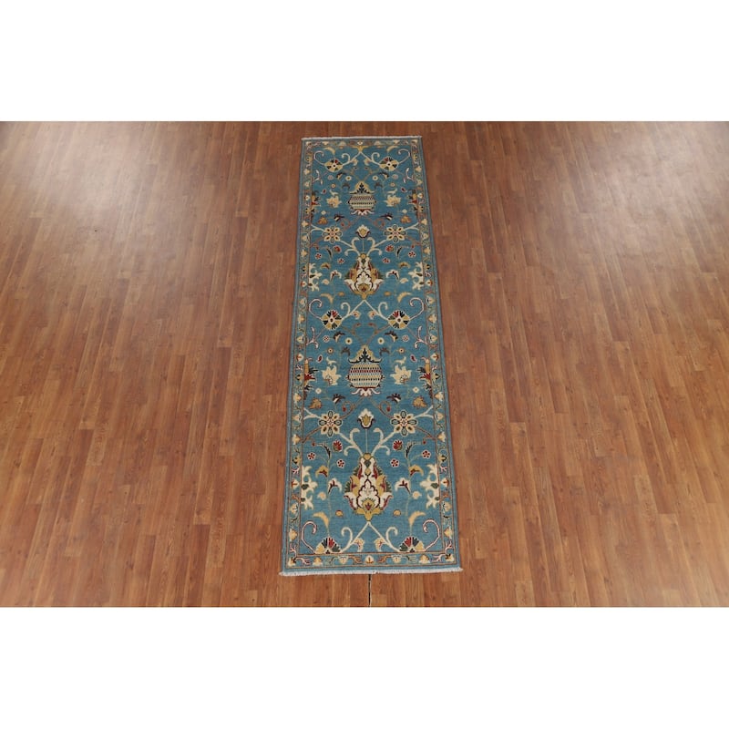 Light Blue Oushak Runner Rug Handmade Transitional Wool Carpet - 2'9" x 9'9"