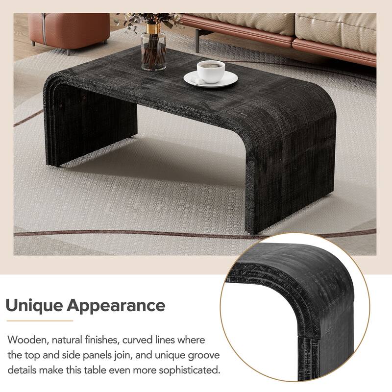 Minimalist Coffee Table with Curved Art Deco Design for Living Room or Dining Room(Natural Wood Wash)