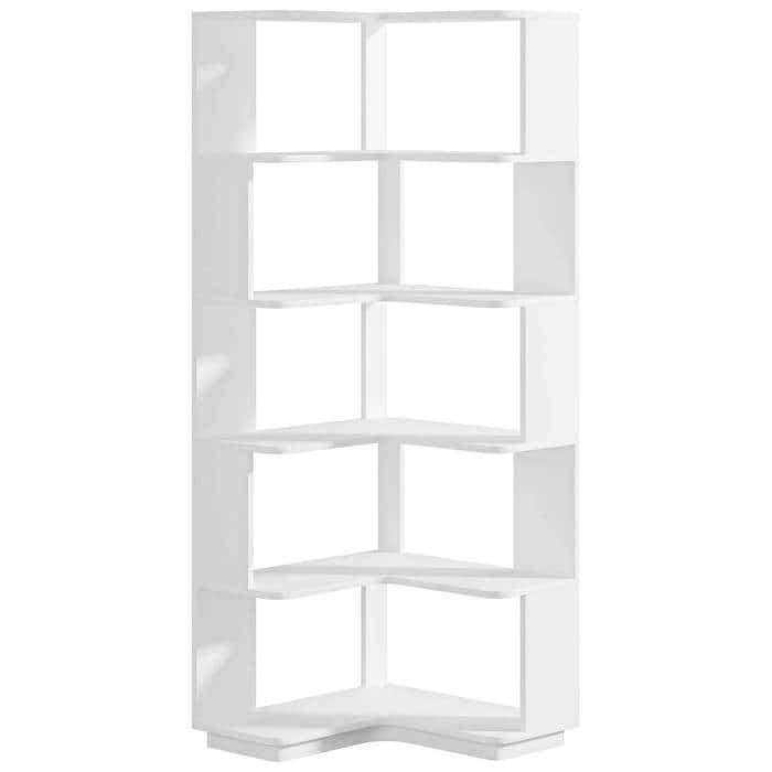 Multifunctional 6-Shelf L-Shaped Corner Bookcase Industrial Wood Grain Organizer - 23.62"L x 23.62"W x 64.96"H - White