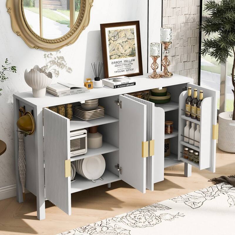 Modern 57.5" Fluted Door 4-Door Sideboard with Side Hooks and Adjustable Shelves