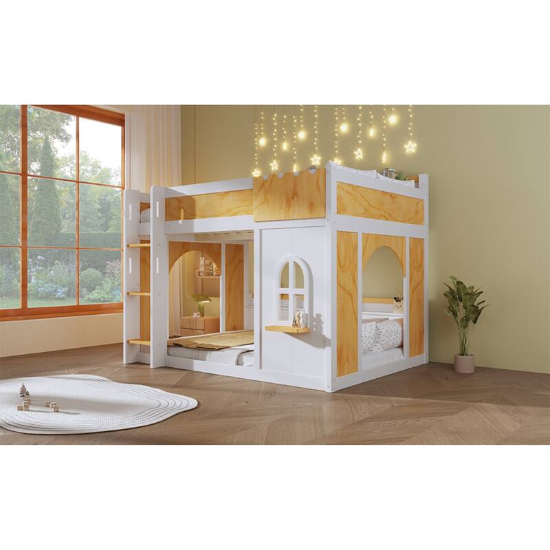 Roomfitters Twin Over Twin/Full Over Full Bunk Bed with Window, Two Doors and Storage Shelves, Natural and White