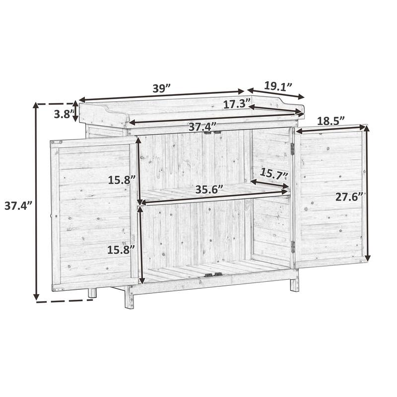 39" Potting Bench Table, Rustic Wood Workstation Storage Cabinet Garden Shed with 2-Tier Shelves and Side Hook