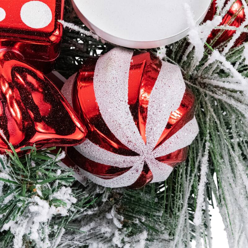 32" Red and White Triple Candle Holder with Flocked Pine and Christmas Ornaments