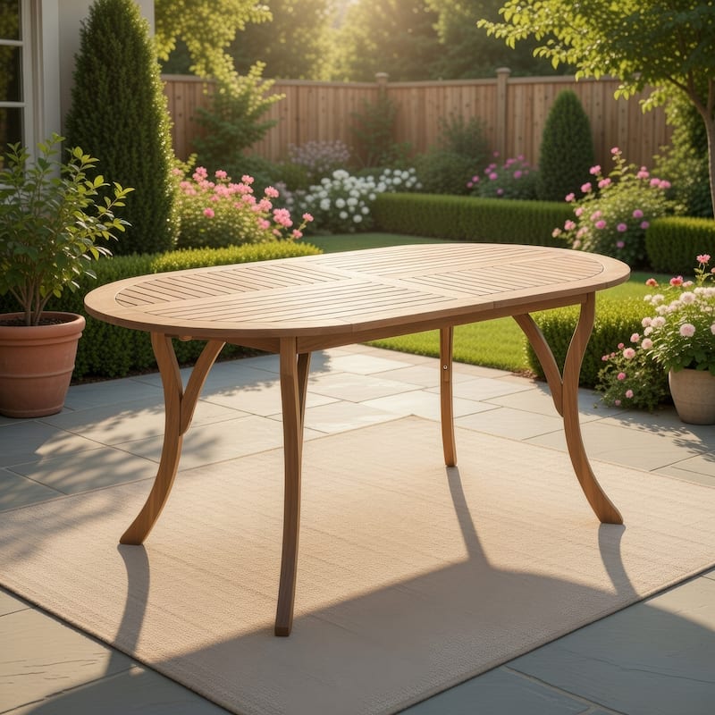 Outdoor Dining Table, 70 Inch Slat Style Oval Top, Teak Acacia Wood