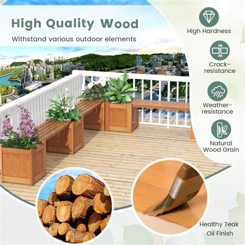 Wooden Garden Bench with Planter Boxes Outdoor Patio Seating for Yard Porch and Deck - 68" L x 16" W x 18" H