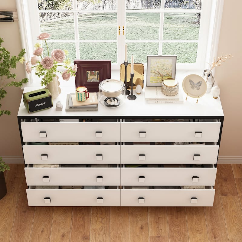 63" Modern 8 Drawer Dresser, Black & White Double Wide Bedroom Storage Chest