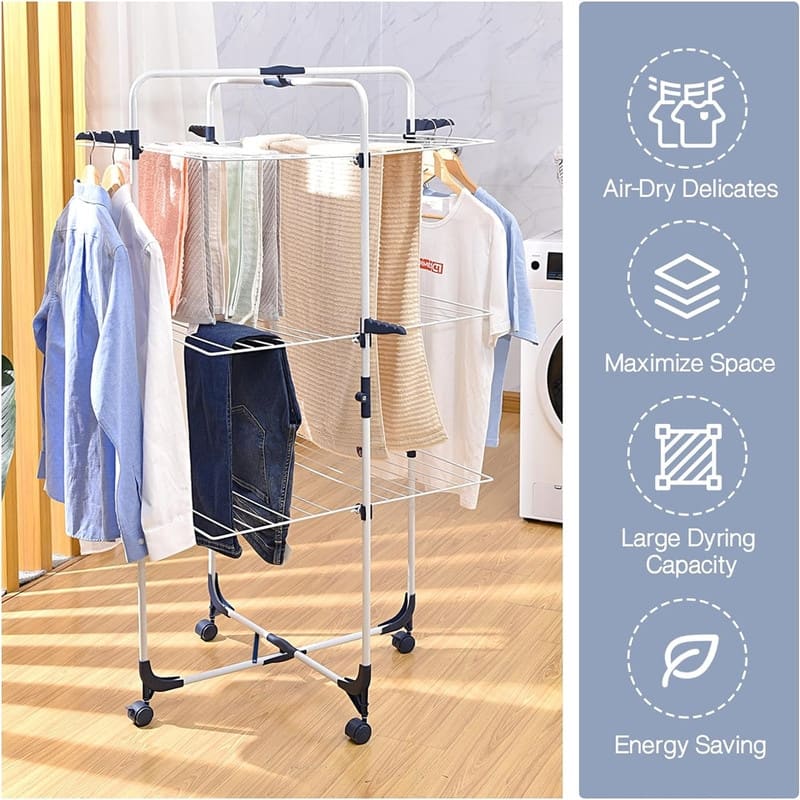Drying Rack Clothing, 3-Tier Collapsible Clothes Drying Rack with Wheels - 23.6"D x 27.2"W x 54"H