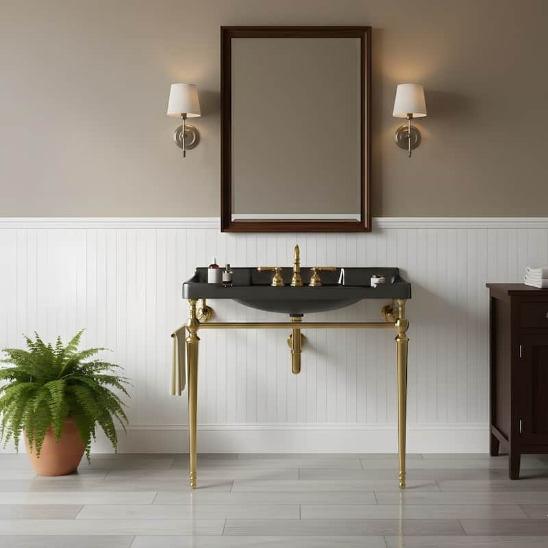 Wall-Mounted Bathroom Vanity with Ceramic Basin and Metal Legs - 36 - Gold+Black