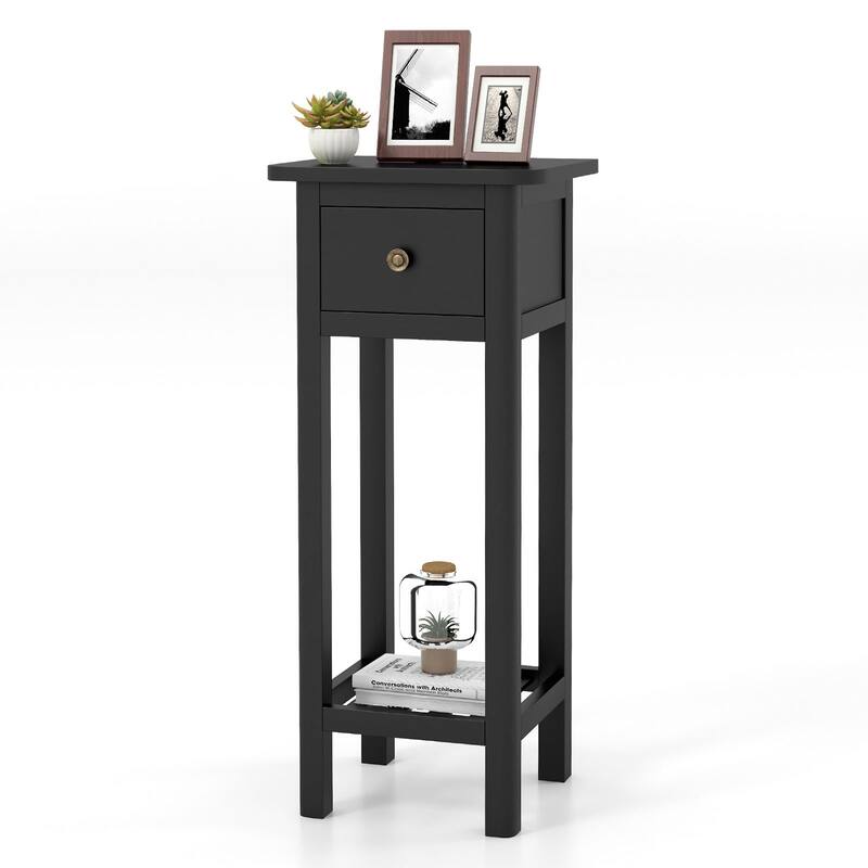 2 Tier Vintage Acacia Wood Side End Table with Drawer and Shelf for Living Room or Bedroom Use - 16" x 16" x 35" (L x W x H)