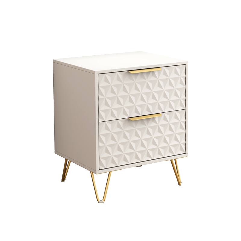 3-Pieces Bedroom Sets Upholstered Bed Frame with Thick Fabric,Solid Frame,2Nightstands with 2 Drawers,Gold Legs & Handles