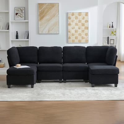 HOMEFUN 6-Seat Polyester Upholstered U-Shaped Modular Storage Sleeper Sectional Sofa with Storage Ottoman