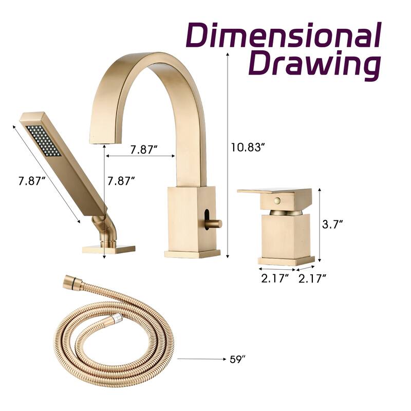 Waterfall Bathtub Faucet with Sprayer, 3-Hole Roman Tub Filler with Hand Shower Deck Mount Waterfall Tub Spout Set