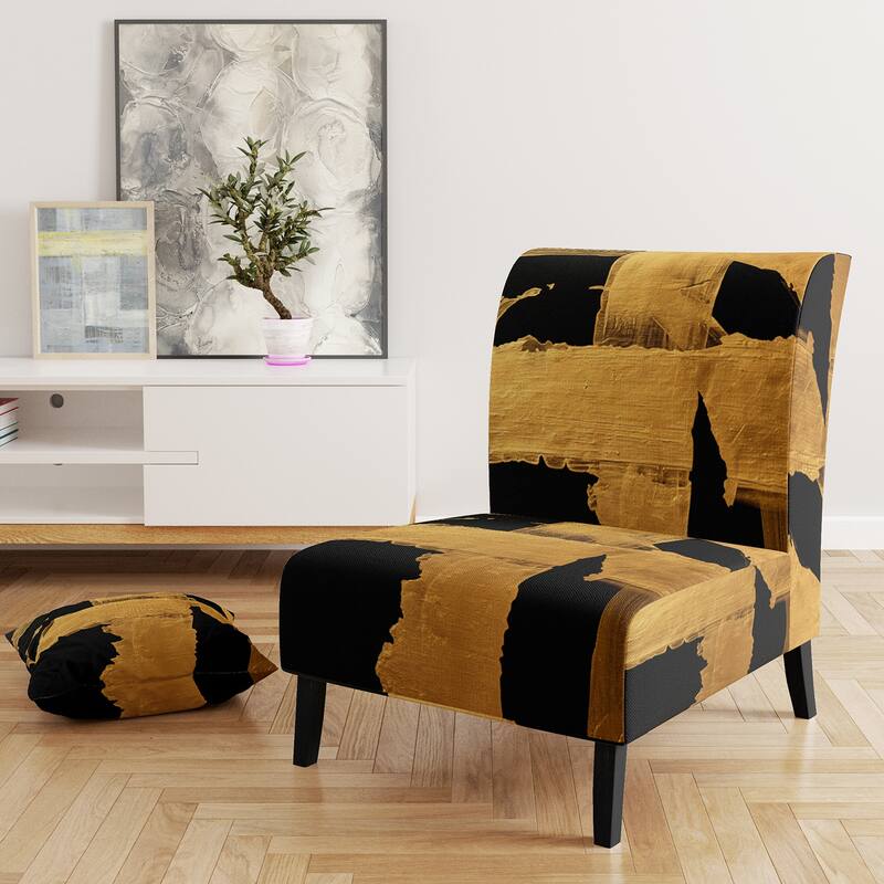 Designart "Black & White Crossing Paths I" Upholstered Abstract Accent Chair - Modern Arm Chair For Bedroom - Slipper Chair - Black & Gold