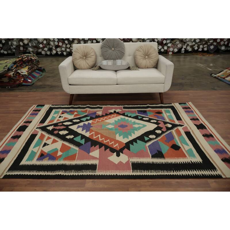 Hand Woven Oriental 100% Wool Carpet Southwestern Tribal Multi-Colored Kilim Area Rug - 8' 0'' X 5' 0''
