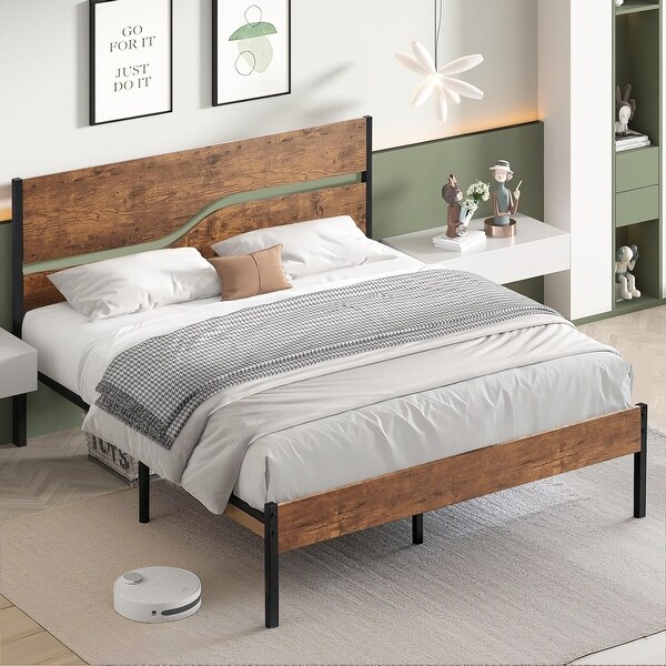 VECELO Beds Industrial Platform Bed Frame with Wood Headboard Easy Set up On Sale Bed Bath Beyond 32874943