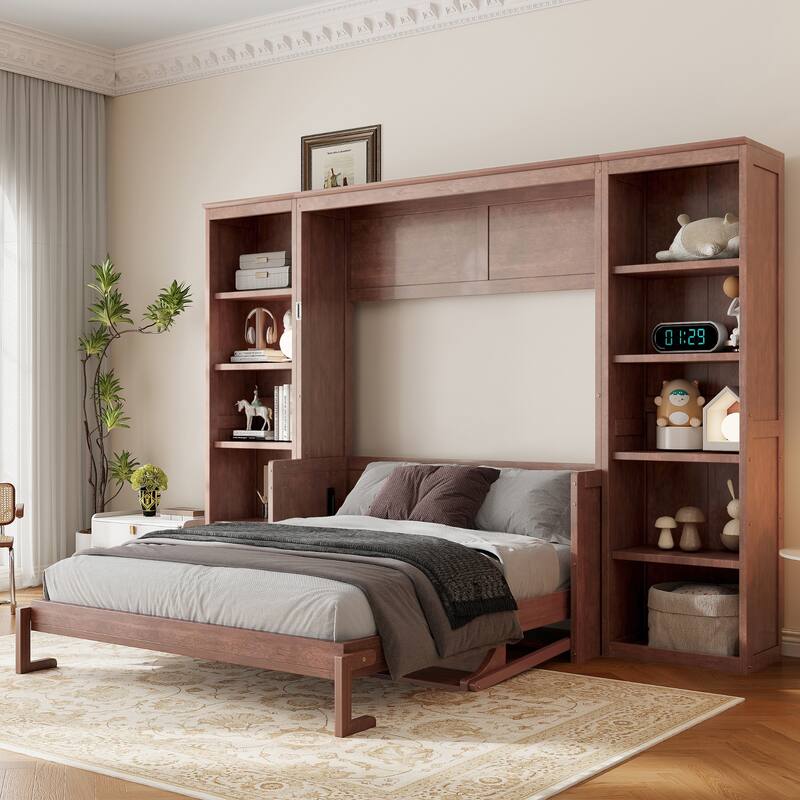 Dark Brown Murphy Bed with Bookshelf and Desk