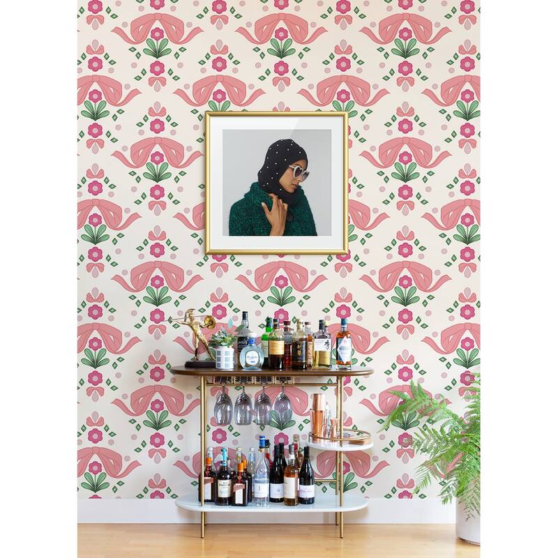 Lele Sadoughi Bow Damask Pink Peel & Stick Wallpaper