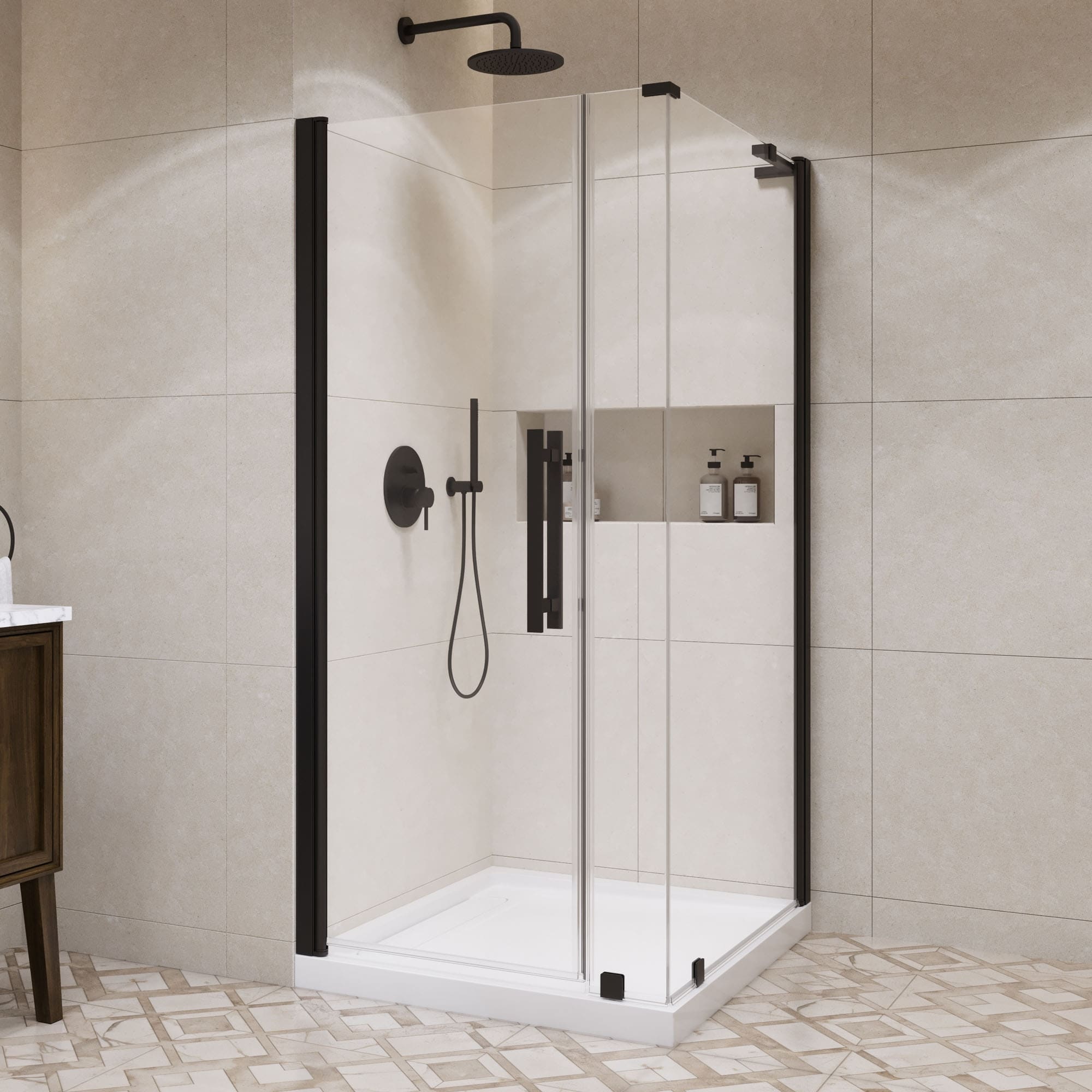 OVE Pasadena Corner Frameless Pivot Shower Door Kit with Base Pan, 2025