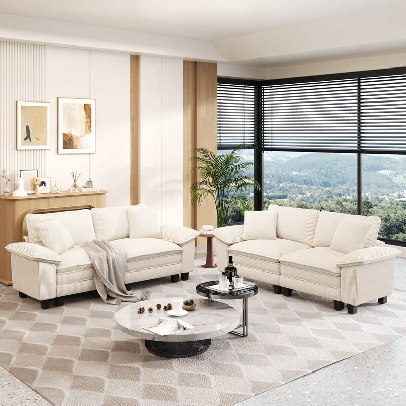 MAISON ARTS 2-Piece Chenille & Corduroy Sofa Set, Comfy 3/4/5-Seater Modular Loveseat & Armchair with Throw Pillows - Beige Corduroy(4 Pieces) - Left Facing