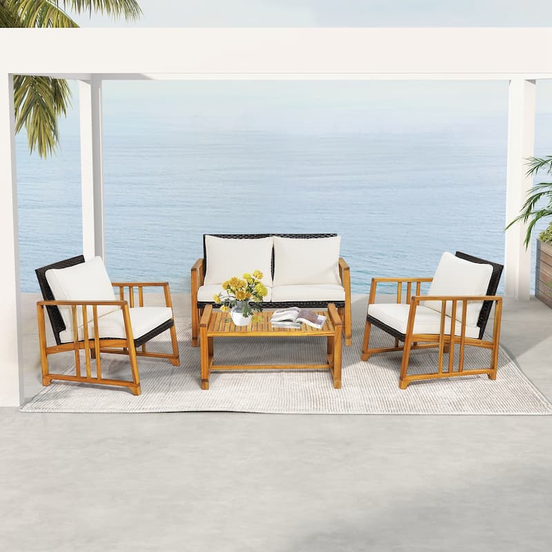 Costway 4PCS Patio Mix Brown Wicker Sofa Set Acacia Wood Frame with - See Details