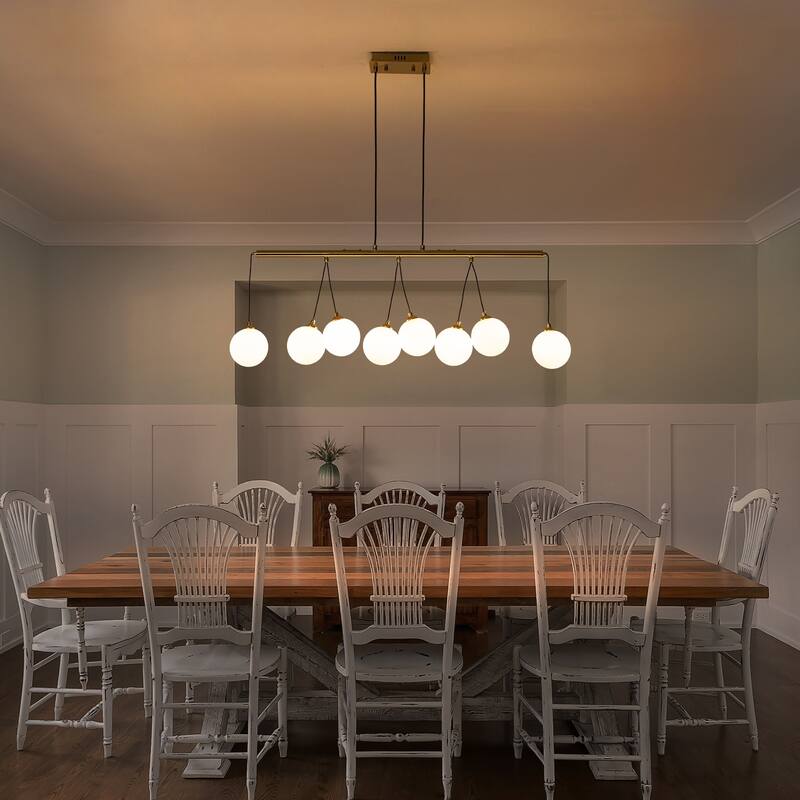 8-Light Gold Linear Kitchen Island Pendant Light Frosted Glass Globes - Dia.39.37-in
