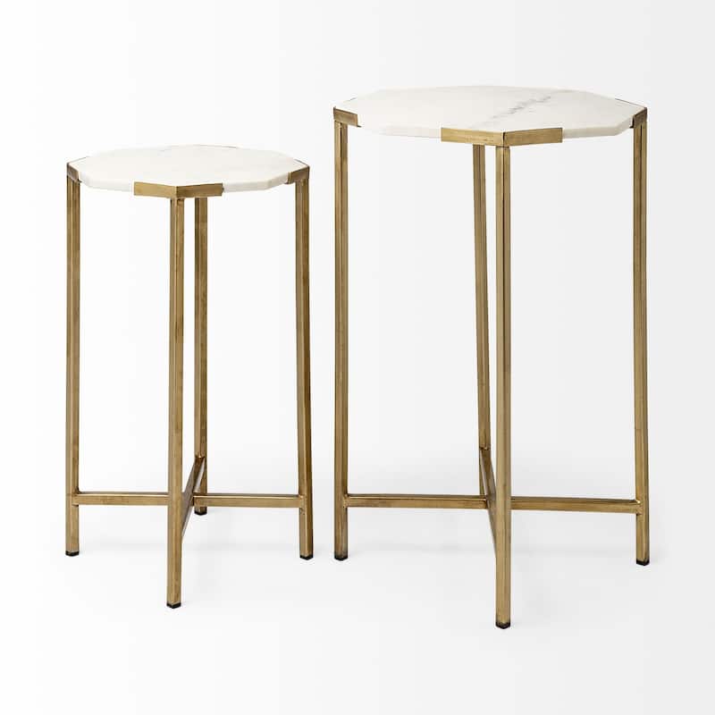 Vincent II White Marble and Iron Octagon Side Tables (Set of Two)