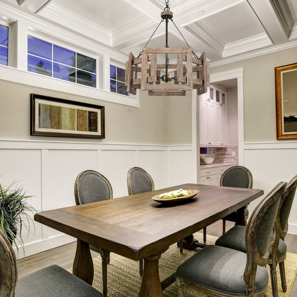 Kiria Farmhouse Wood Drum Chandelier 4-light Geometrical Foyer Ceiling Lights for Dining Room - L20" xW20 "xH22.4"