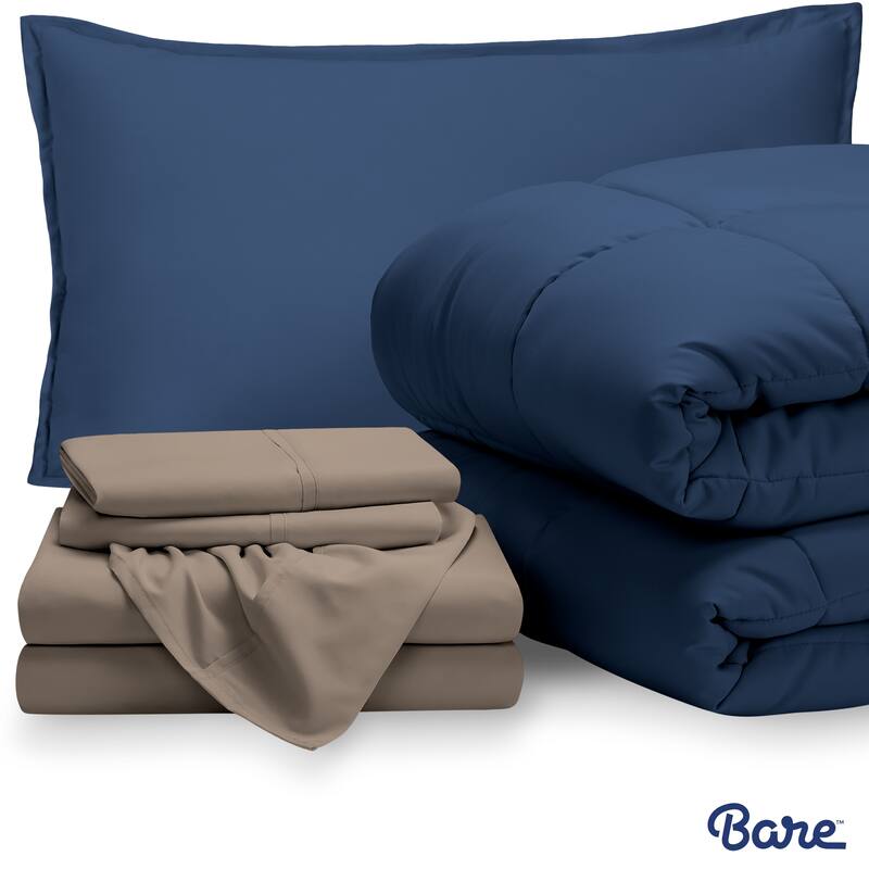 Bare Home Bed-in-a-Bag Down Alternative Comforter & Sheet Set - Dark Blue/Taupe - Twin
