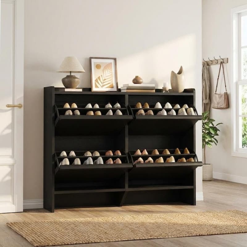 Narrow Shoe Cabinet Organizer with 4 Flip Drawers for Entryway, Hallway, Living Room - Black