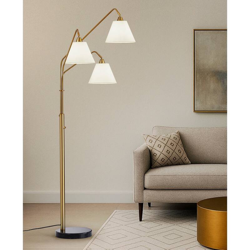 Midtown 3 Light Arch Floor Lamp with Fabric Shades - BrushedBrass/WhiteShade