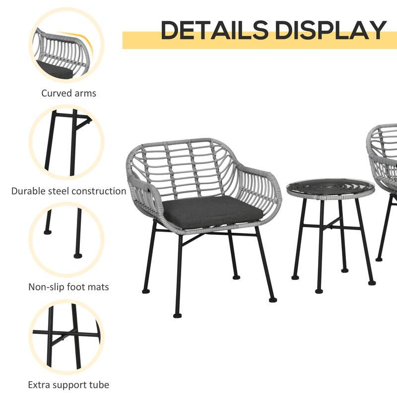 Outsunny 3 Pieces Patio PE Rattan Bistro Set, Outdoor Round Wicker Woven Coffee Set, Conversation Furniture Set