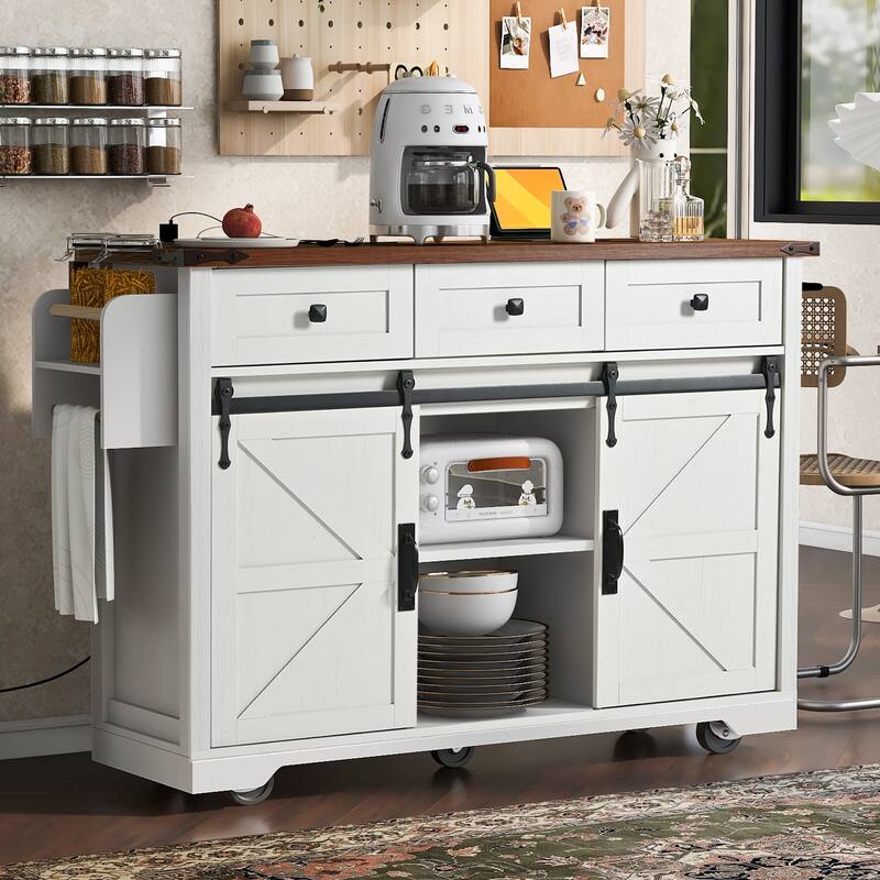 Anmytek 53.7" Farmhouse Rolling Kitchen Island with Power Outlet, Drop Leaf, Sliding Barn Doors, White Storage Cart