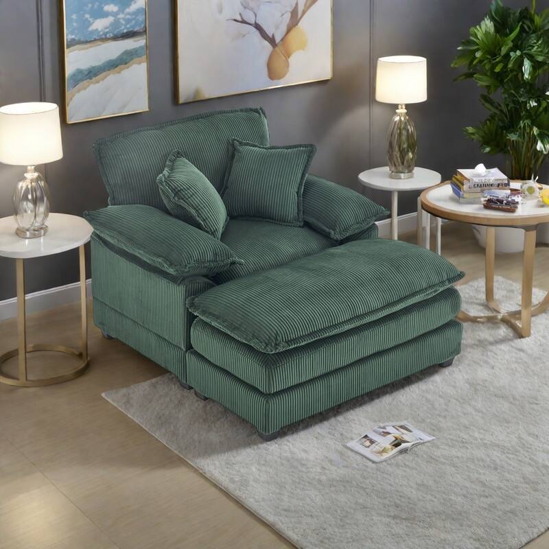 Corduroy Single Sofa Sets with Ottoman and 2 Toss Pillows, Deep Seat Design - Green