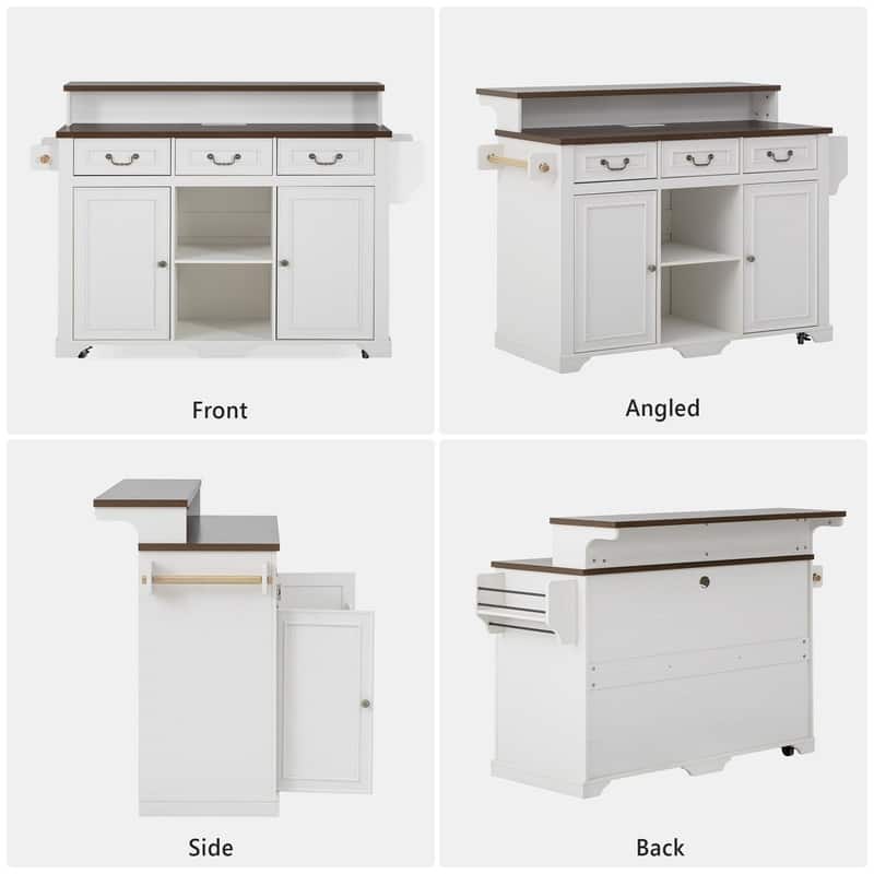 Farmhouse 53.2" Kitchen Island with Power Outlet, Rolling Island Table, Bar Cabinet with Storage 4 Door Shelves and 3 Drawers