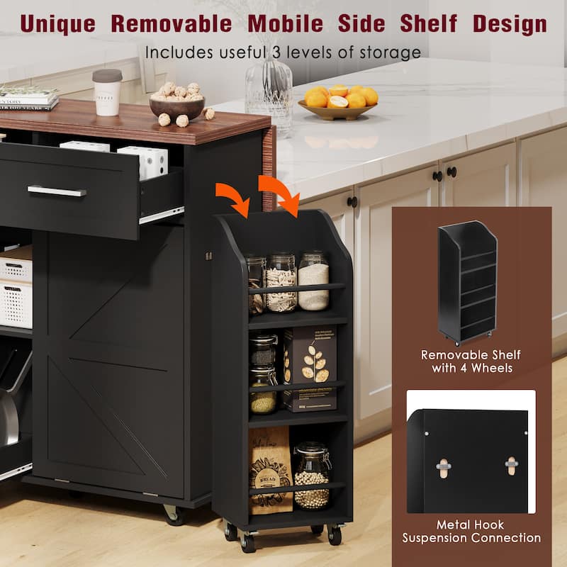 Anmytek Rolling Kitchen Cart with Drop Leaf Foldable Countertop Barn Door Storage Cabinet for Small Spaces