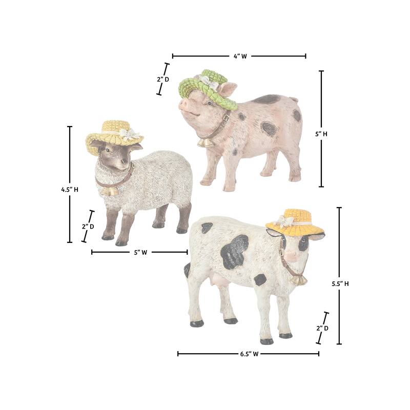 6.5" Resin Country Pig, Sheep, and Cow With Bonnet Set of 3