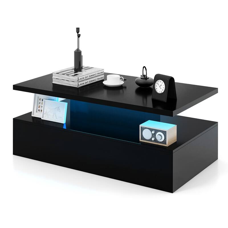 Gymax LED Coffee Table 2-Tier High Glossy with Adjustable Light & - Black