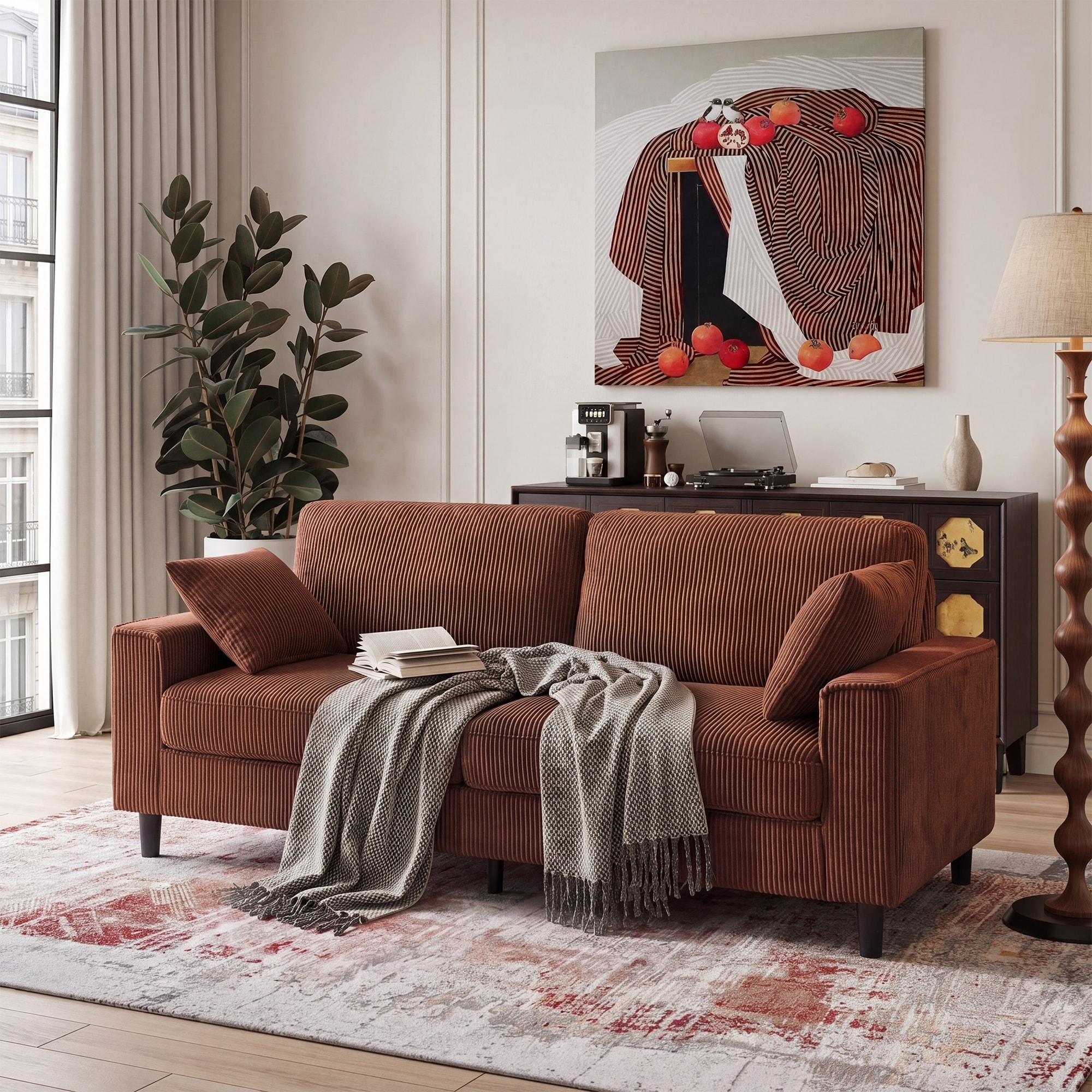 Mid-Century Modern 2-Seater Loveseat Sofa, 81.8" Corduroy Upholstered with Iron & Wood Frame by GDFStudio