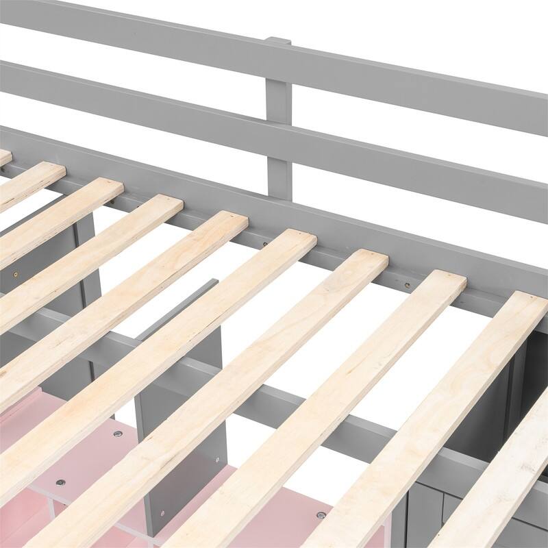 Twin/Full Size Loft Bed with Wardrobe and Cabinet, Wooden Loft Bedframe with Storage Shelves, Ladder and Guardrail for Kids